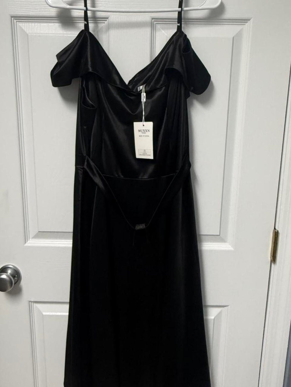 Black Satin Midi Dress with Ruffle Detail
